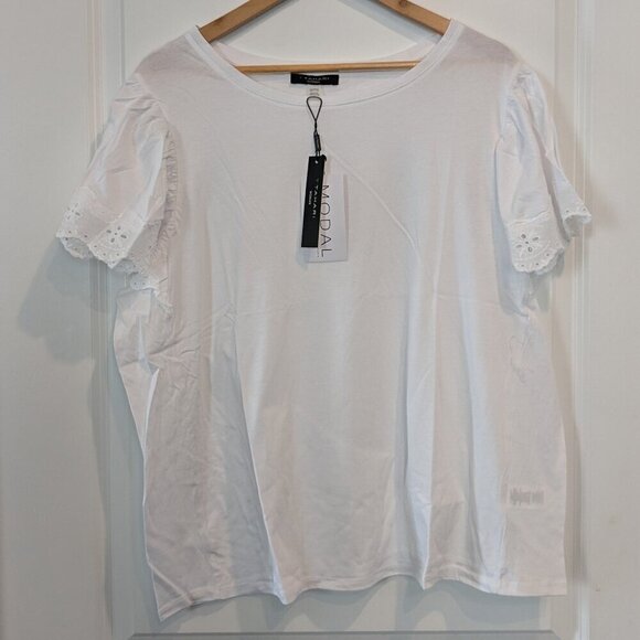 T Tahari Top Size 2X White Crochet Scalloped Lace Short Flutter Sleeves NWT Airy - Picture 2 of 13